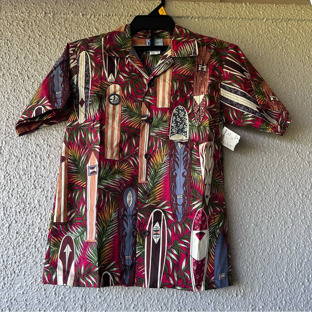 RJC Aloha shirt Hawaiian featuring surfboards palm leaf print boys 12 NWT